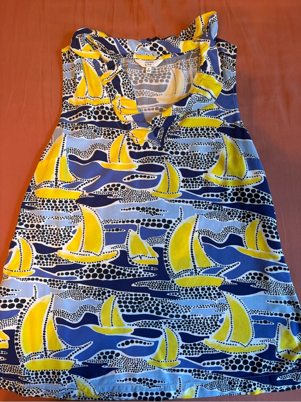 crown & ivy Blue and Yellow Sailboat Print Sleeveless Top